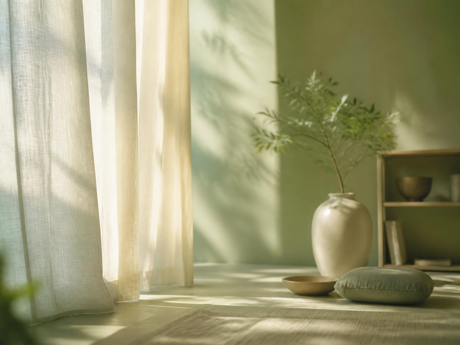 Sunlit, calm room with linen curtains and a green plant
